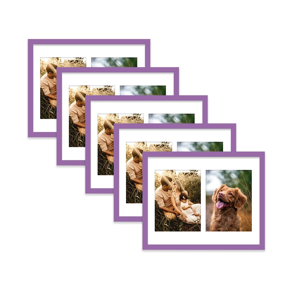 Purple Multi Photo Frame - Holds 2 x 8x6 Pictures, Family Collage Picture Frame for Wall Display, 14x11 Frame size, Set of 5