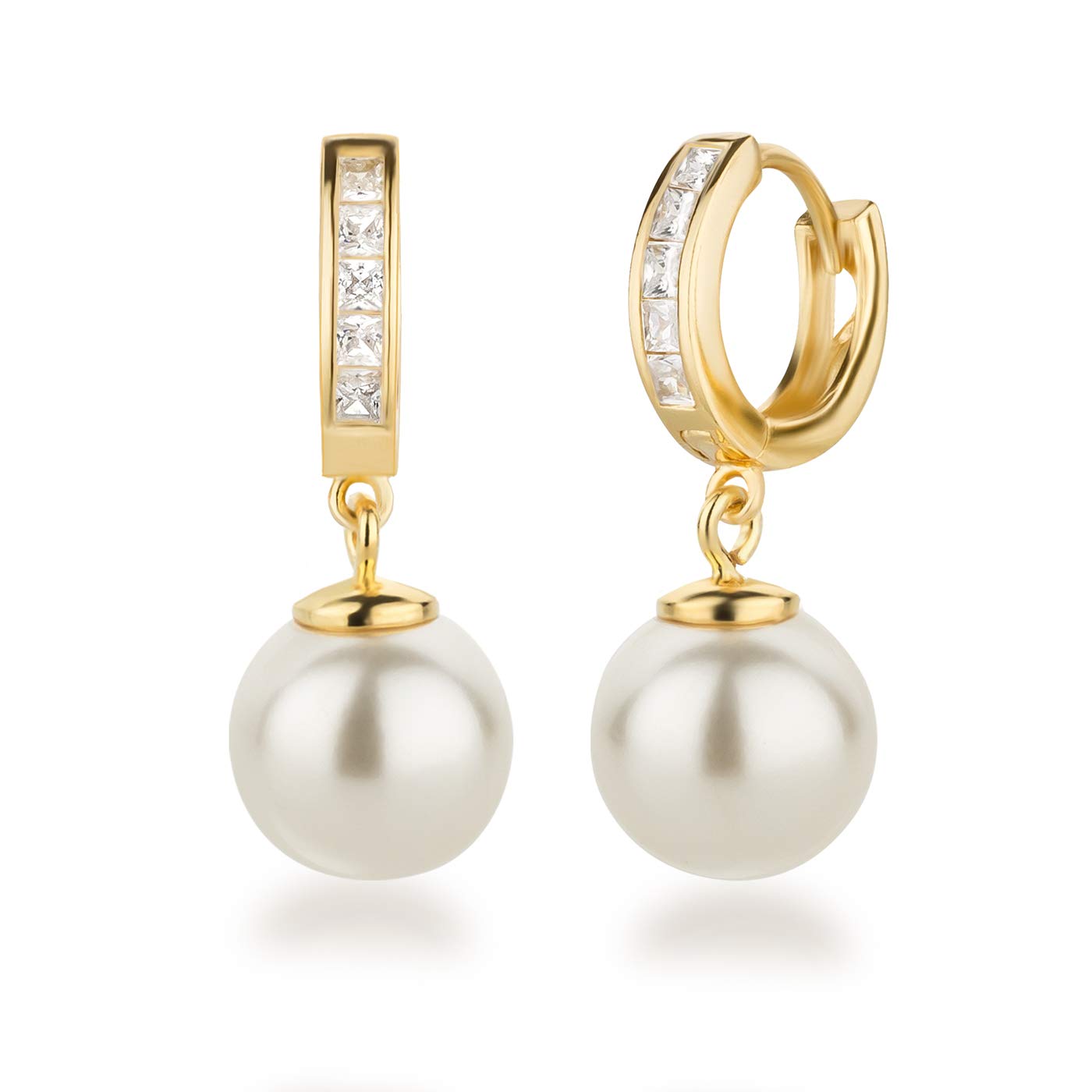 Orecchini A Cerchio In Argento 925 Placcato Oro Con Perla Sintetica 10 Mm E Zirconi - Schöner-SD