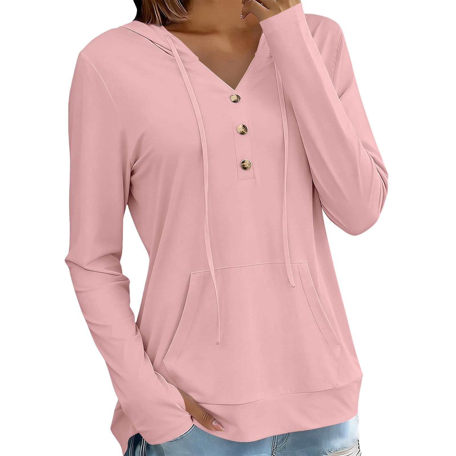 Sonnenschutz Hoodie Damen Sommer Dünne Sweatshirt mit Kapuze Knöpfe V-Ausschnitt Kapuzenpullover Schnelltrocknend Langarmshirt Locker Hoody Oberteile Leichte Langarm Sportshirt Casual Strand Top