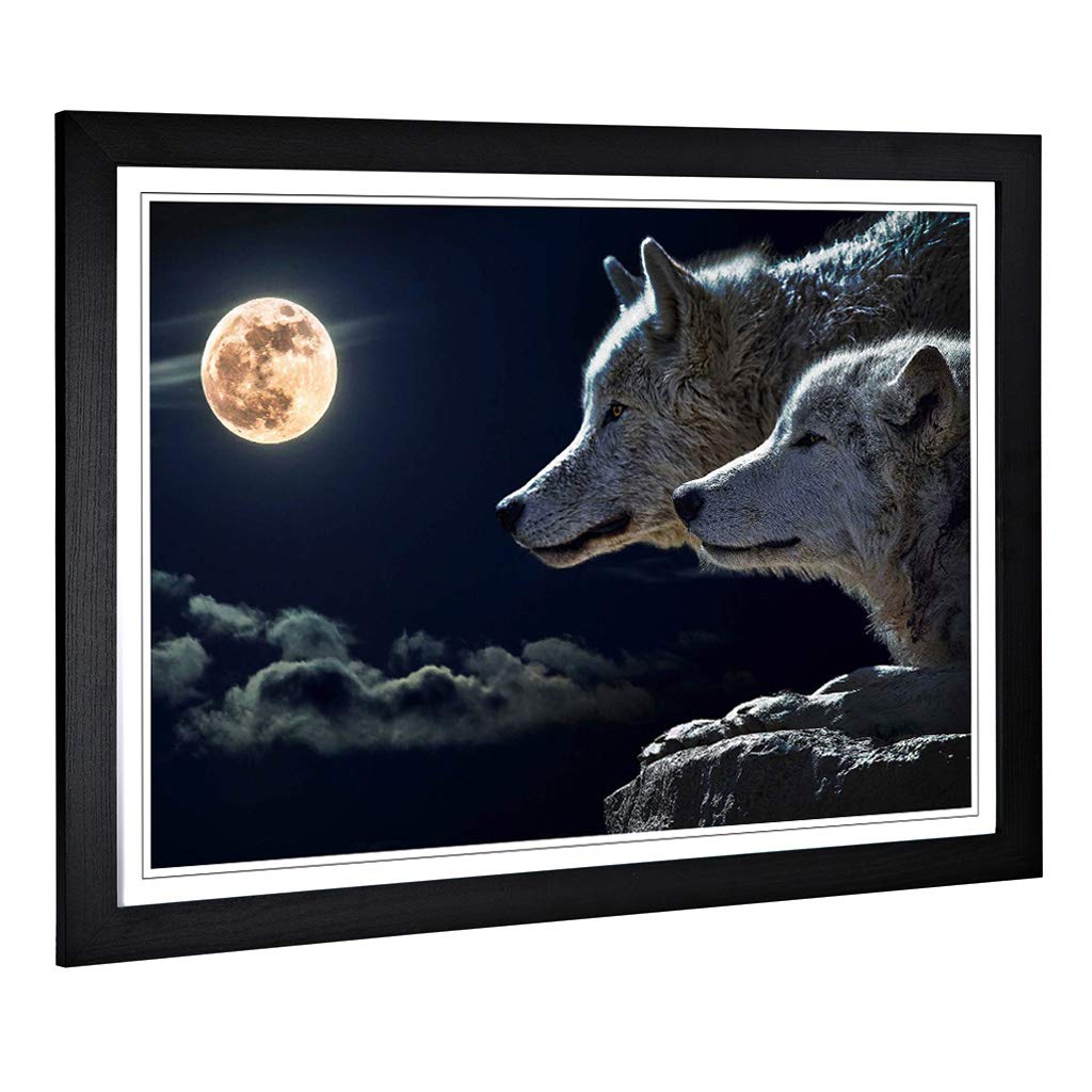 Big Box Art Framed Print of Wolf Wolves & Moon Design | Wall Art Picture | Home Decor for Kitchen, Living, Dining Room, Lounge, Bedroom, Hallway, Office, Black, A2 / 24.5x18 Inch / 62x45cm