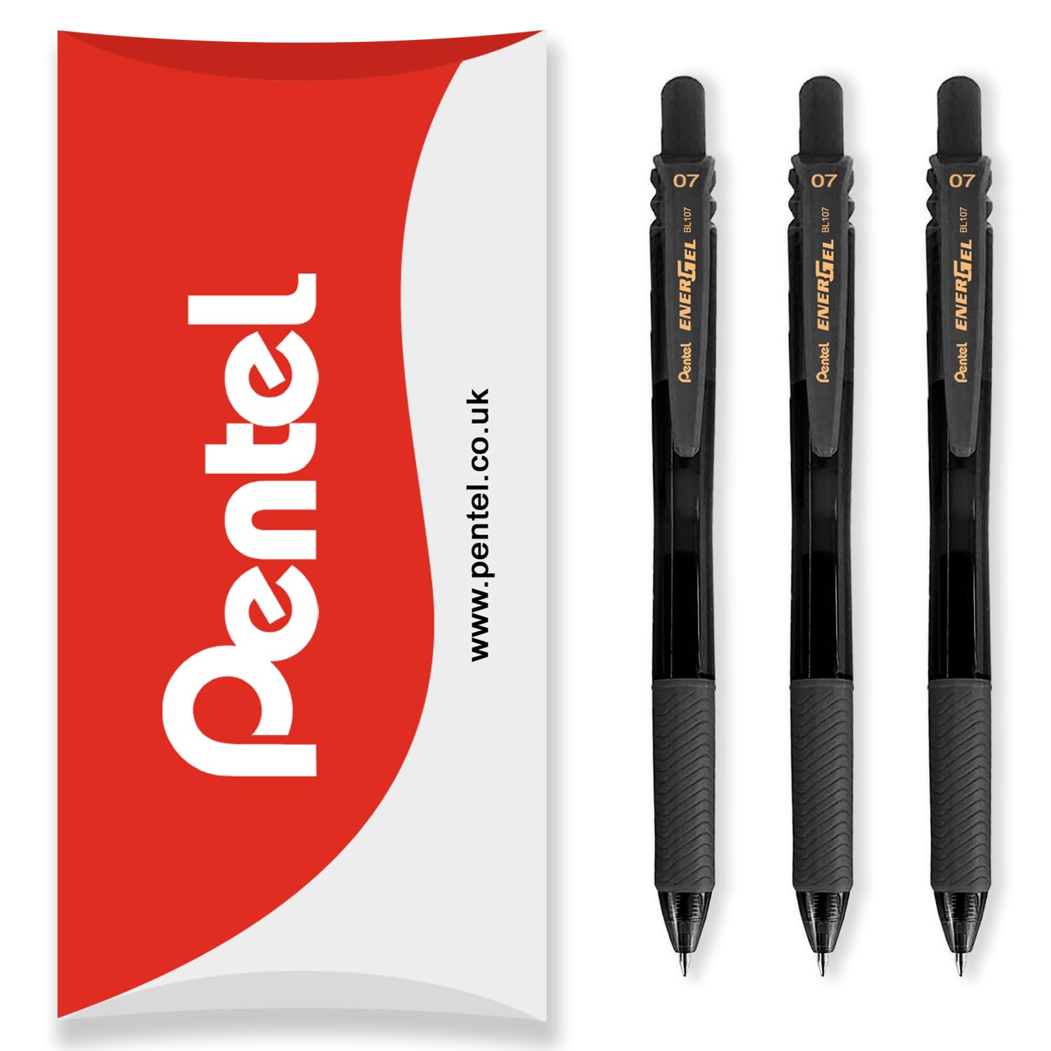 Pentel Energel X BL107 Retractable Gel Rollerball Pens - 0.7mm Nib - Pack of 3 - Black Ink - In Envelope Gift Packaging