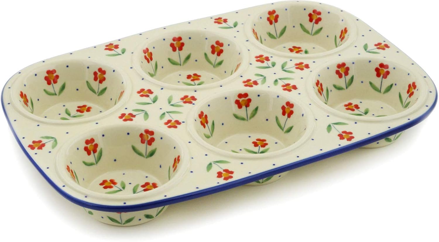 Polish Pottery 12½-inch Muffin Pan (Red Primrose Theme) + Certificate of Authenticity