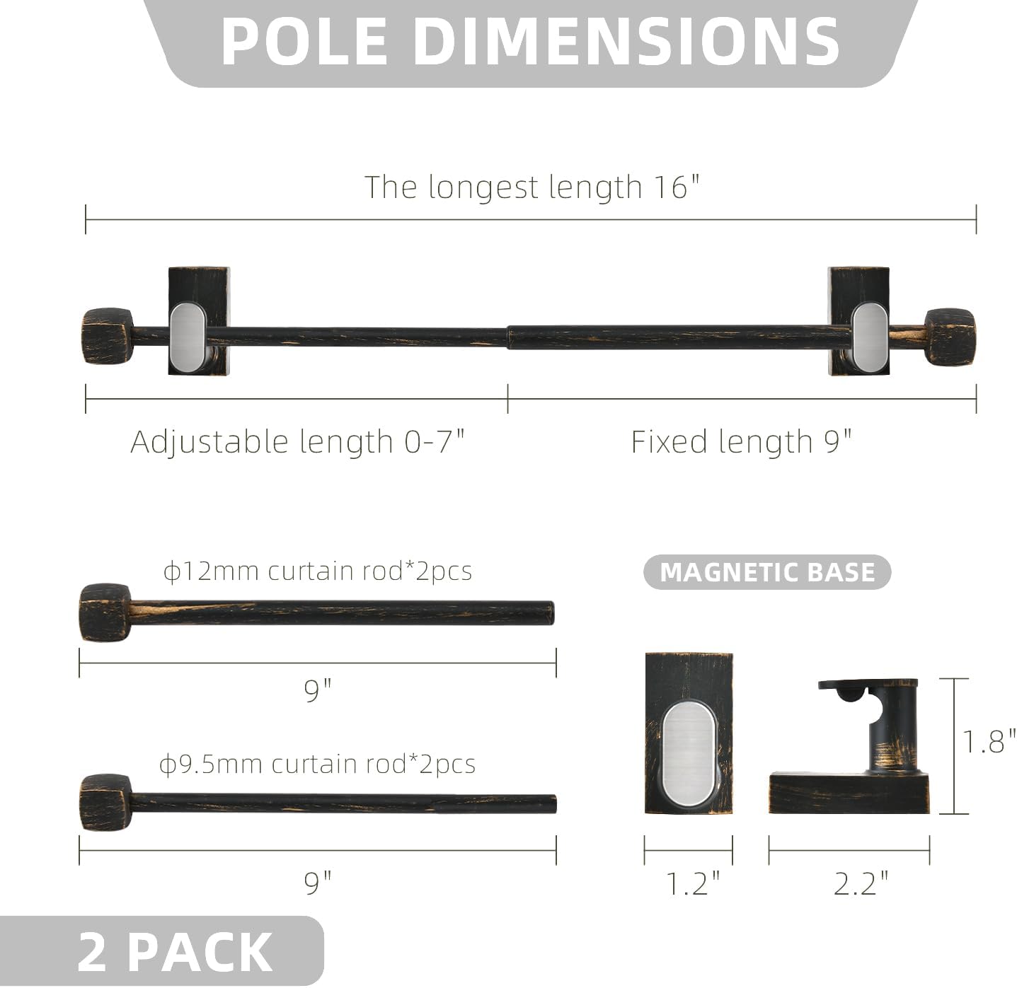 2 Pack Magnetic Curtain Rod for Metal Doors Windows,9 to 16 Inch,Multi-Use Adjustable Appliance for Iron and Steel Place,Tool Free,Black/Gold