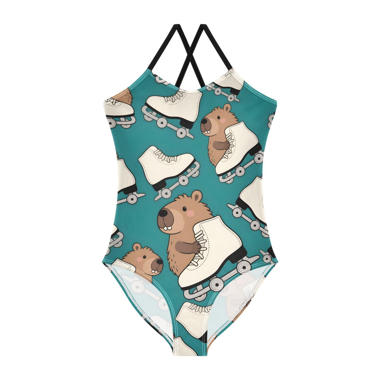 senya Girls Swimsuits Capybara Roller Skates One-Piece Swimwear Quick Dry Girls Bathing Suits for 9-10 Years Old Multicoloured
