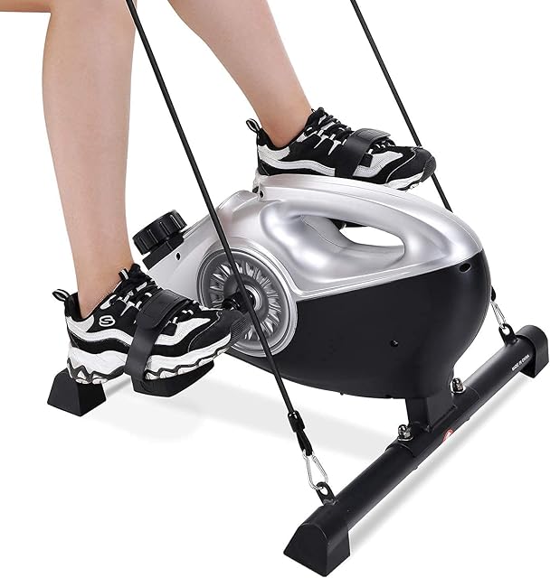 Pedal Exerciser Mini Exercise Bike Magnetic Cycle Under Desk Portable Fitness Machine with LCD Monitor Adjustable Resistance Tension Rope for Workout, Silver, 60 x 55.5 x 32 cm, (MKD901)