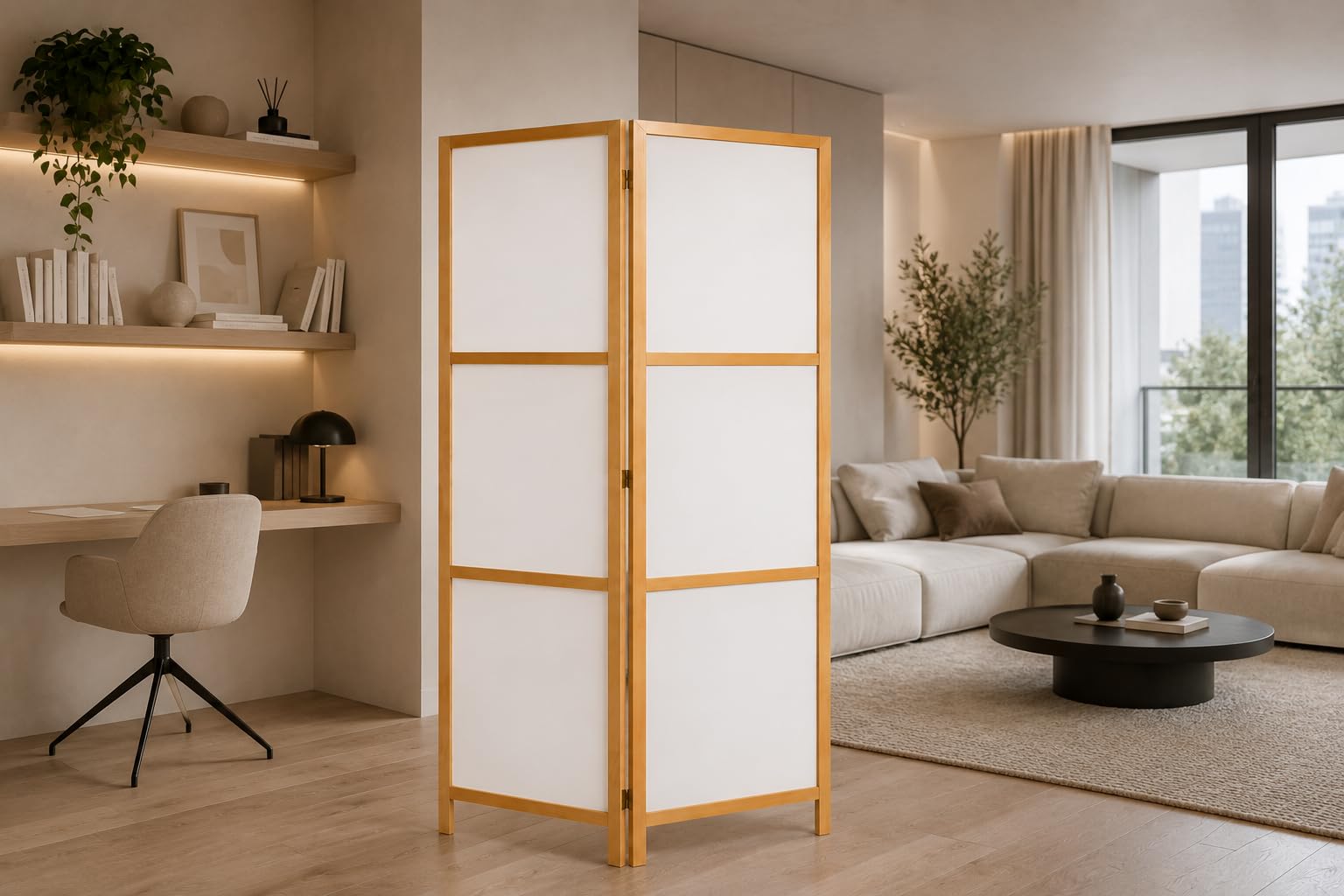 Paravent en bois blanc minimaliste japonais (J000), 2 ailes, 80 x 172 cm, pliable