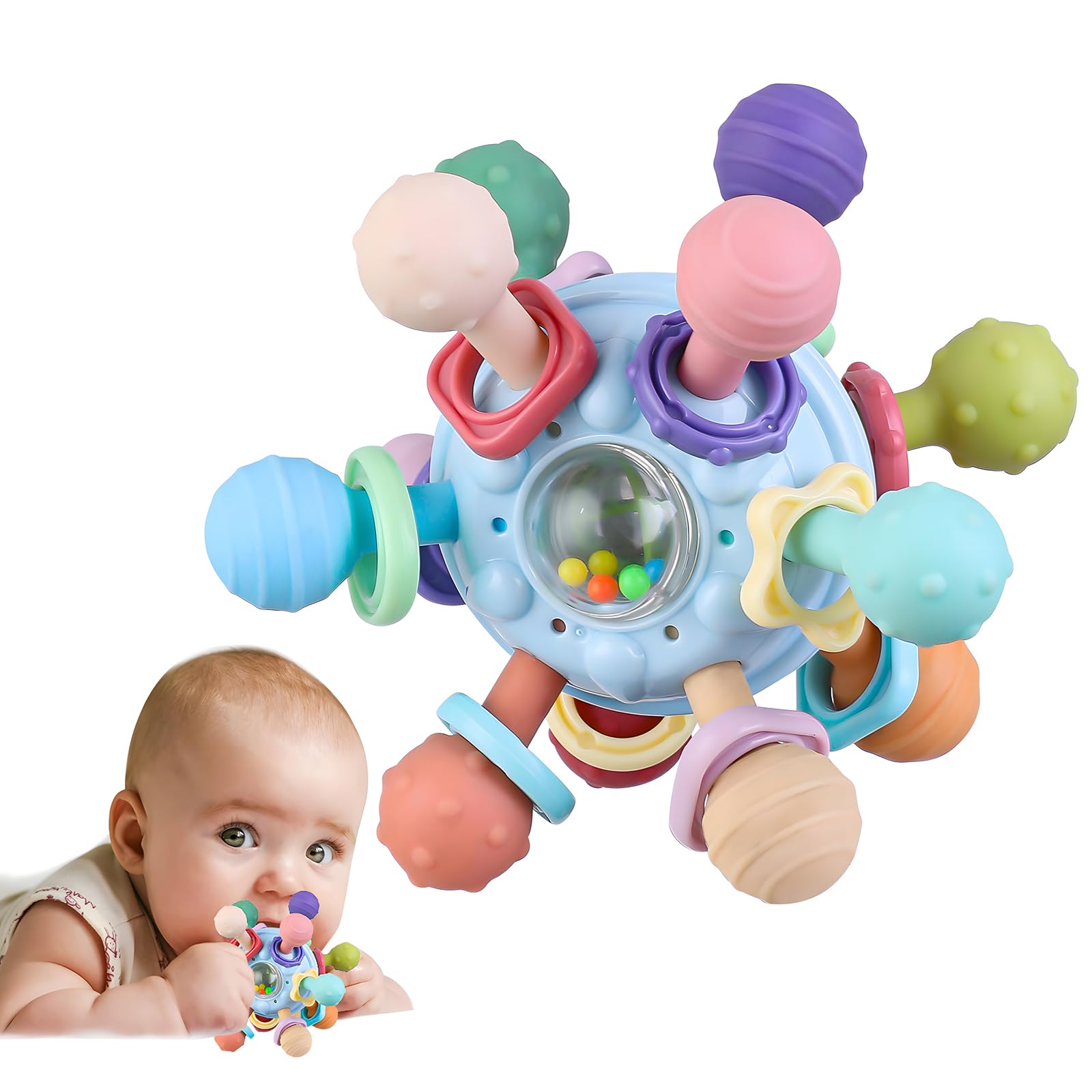 Baby Teething Toys, Baby Teether Montessori Sensory Toys for 0-6 6-12 Months, Boy Girl Gifts for Infant Newborn Toddler 0 3 6 9 12 18 Months, Easter Basket Stuffers Gifts - Blue