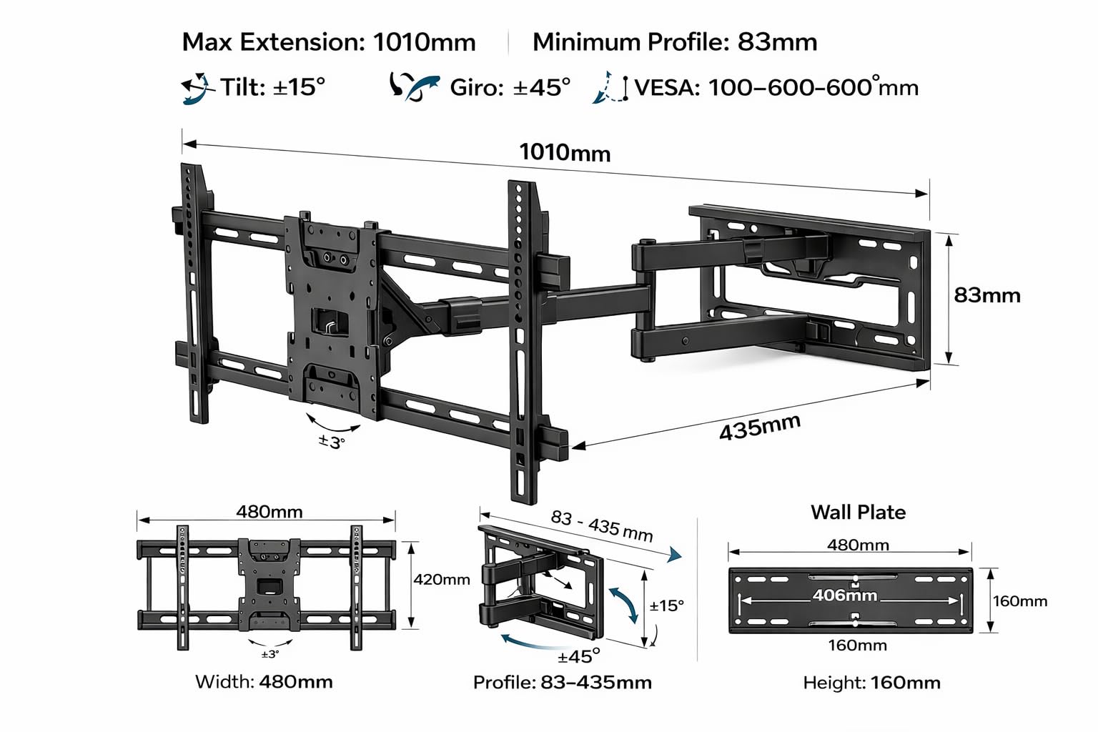 Multibrackets Long Reach 101 Soporte TV de Pared Brazo Articulado 101 cm HD hasta 75" 40kg VESA 100x100 a 800x400 Negro.