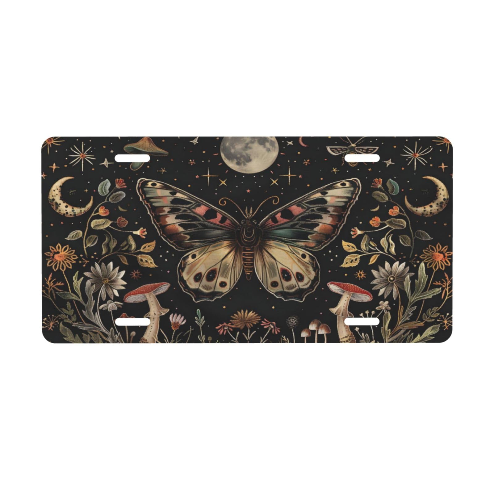 Moth Mushroom Floral Front License Plate Car Decor Accessory Aluminum Metal Decorative Car Plate Funny Novelty Vanity Tag with 4 Holes for Men Women for Trucks, Suvs & Rvs 6×12 in,E-874