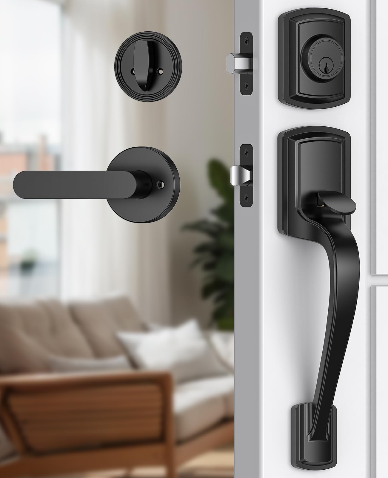 Black Front Door Handle and Deadbolt Set, Front Door Lock Set
