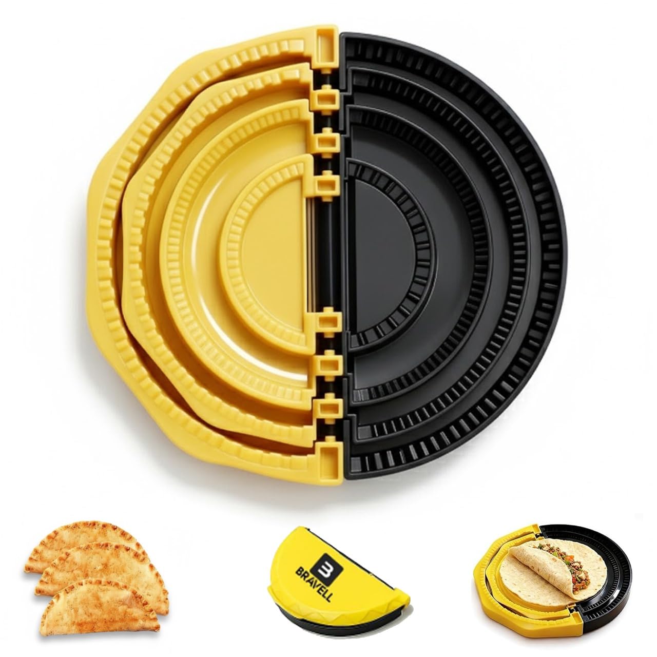 4-in-1 Tortilla Sealer (10+8+6+4 Inch) Crimper &amp; Empanada Maker Press - Make Tortillas, Dumplings &amp; More with Easy-Clean Food-Grade Plastic Tool with User Manual in Yellow/Black