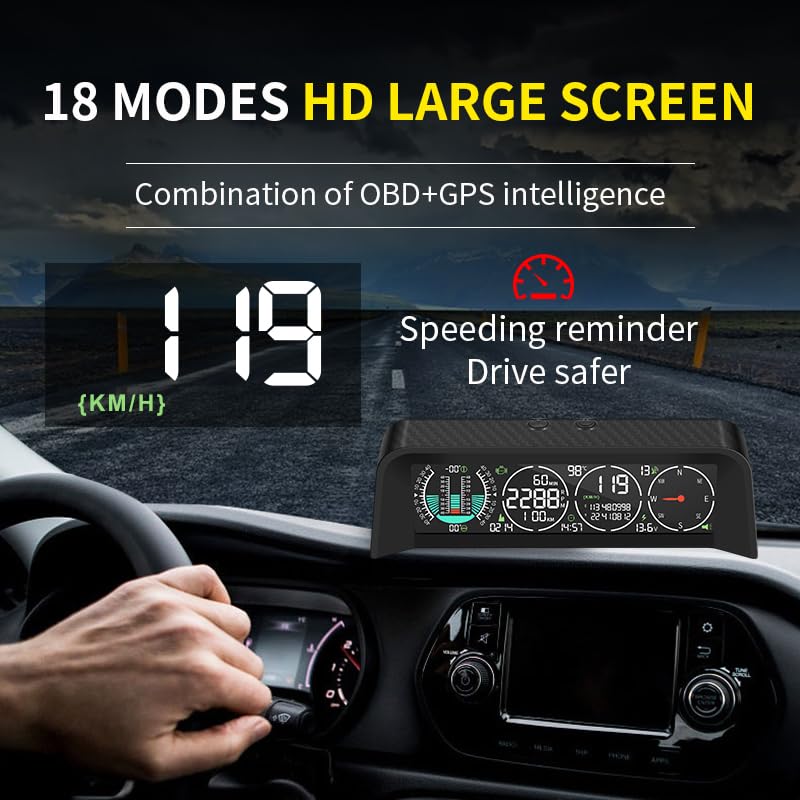 OBEST Car HUD Heads Up Display Auto, GPS+OBD Sistema dual, velocímetro y tacómetro, inclinómetro para coche, odómetro, brújula