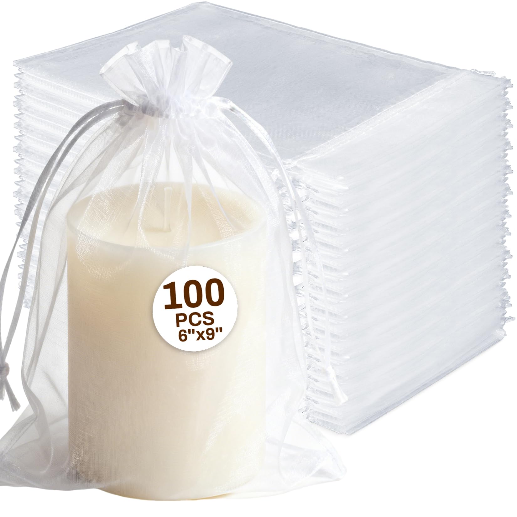Sukh White Organza Bags 6"x9" - 100pcs Large Mesh Drawstring Gift Bags