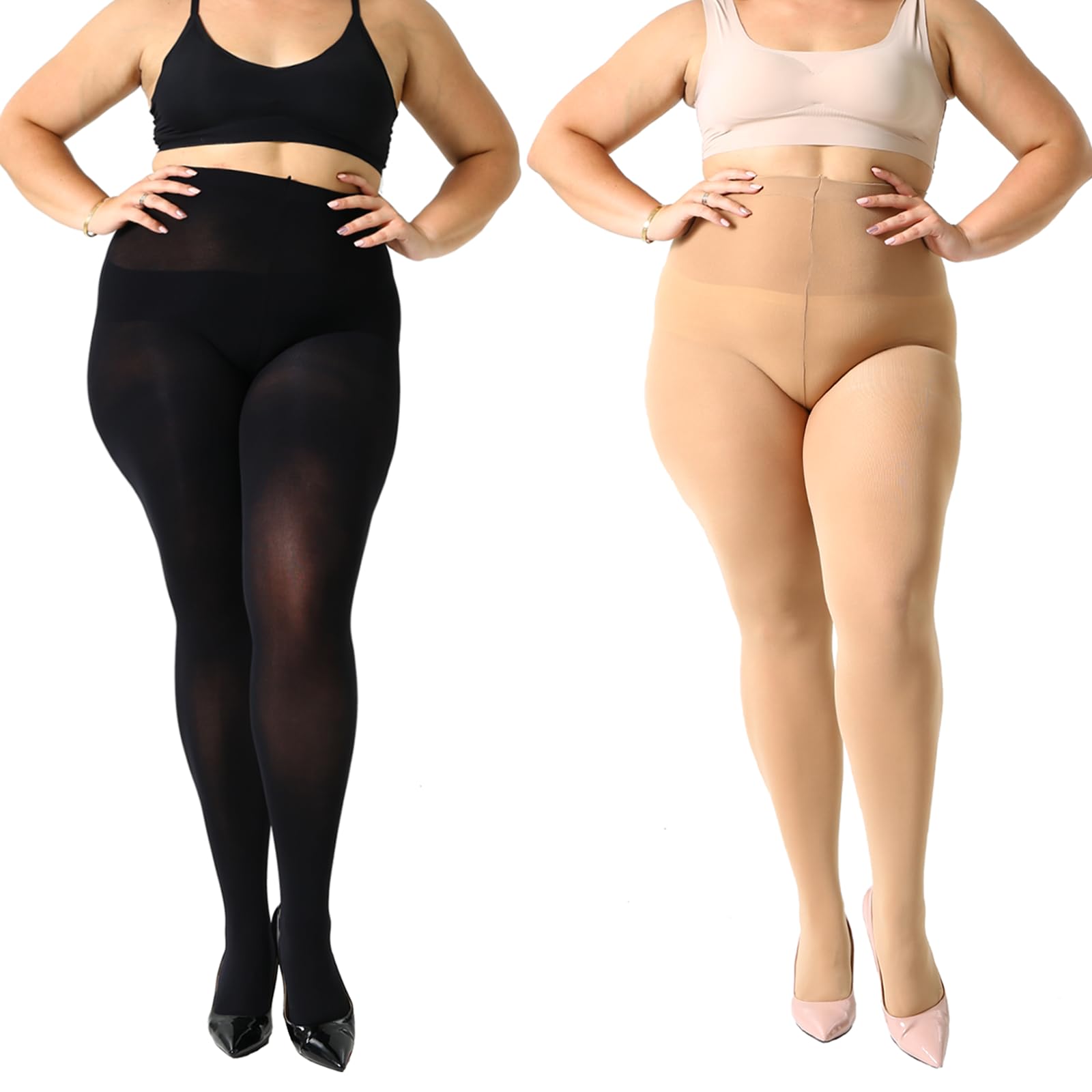 MANZI 2 Pairs 70 Denier Women's Plus Size Tights Stretch Opaque Control Top Tights XX-Large