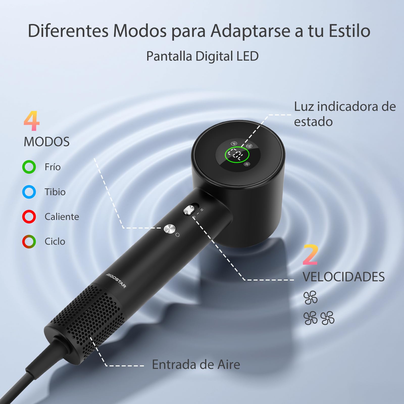 Aigostar Secador de Pelo Iónico Alta Velocidad con Difusor Magnético | 400M Iones & 110.000 RPM | Secado Rápido & Antiencrespamiento | NTC Sin Daños por Calor, para Rizos, 390g & Silencioso 57dB