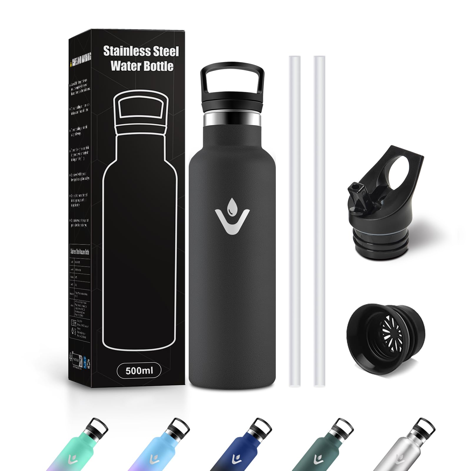 Borraccia Acciaio Inox 500ml, Bottiglia Acqua con Cannuccia, Riutilizzabile, senza BPA, a prova di perdite, Termos per Scuola, Campeggio