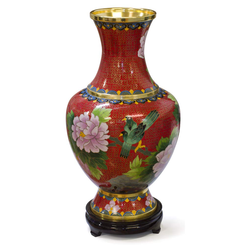 Amazon.com: China Furniture Online 紅色花卉圖案東方景泰藍花瓶附