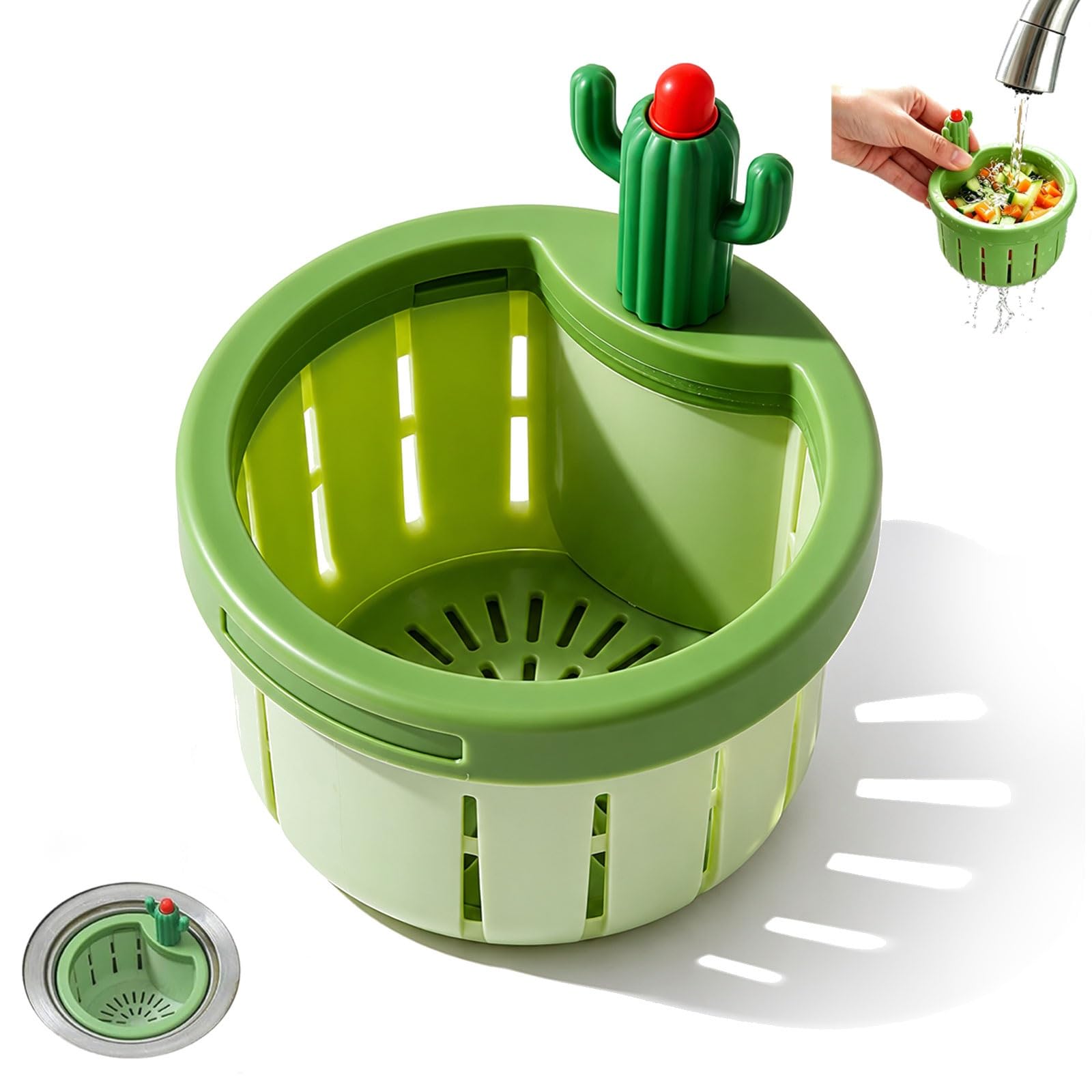 Cactus Kitchen Sink Drain Strainer, Cactus Sink Strainer Basket, Press-to-Lift Automatic Dumping Basket, Self-Cleaning Food Residue Collector(GREEN*1)