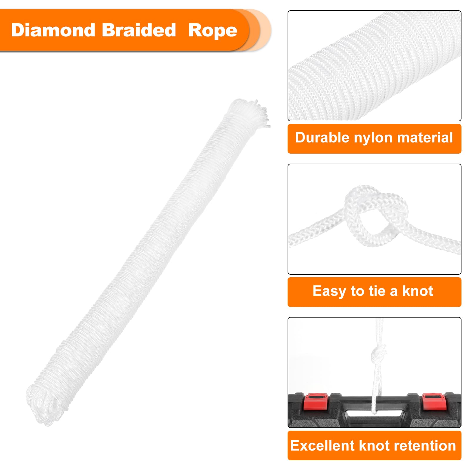 Rebower 1 Pcs White Nylon Rope 1/4"x328ft Solid Braided Cord Polypropylene Rope Utility Cord,[for Camping Tie Down, Securing - Image 3