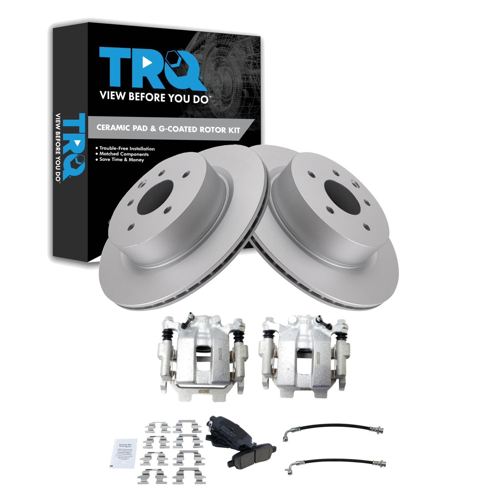 TRQ Rear Brake Pad and Rotor Set Ceramic Coated Rotors Calipers Compatible with 2011-2012 Infiniti G25 G37 2015 Q40