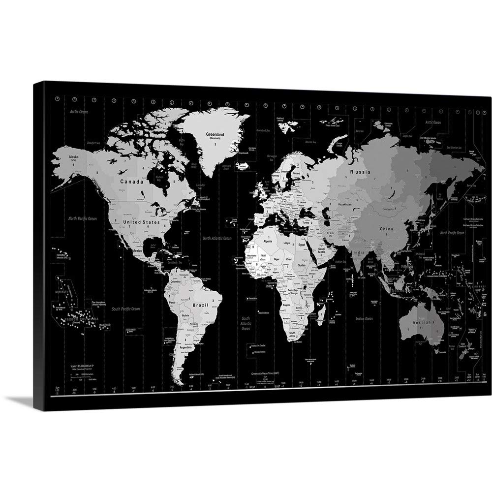 World Timezone map Canvas Wall Art Print, Map Artwork