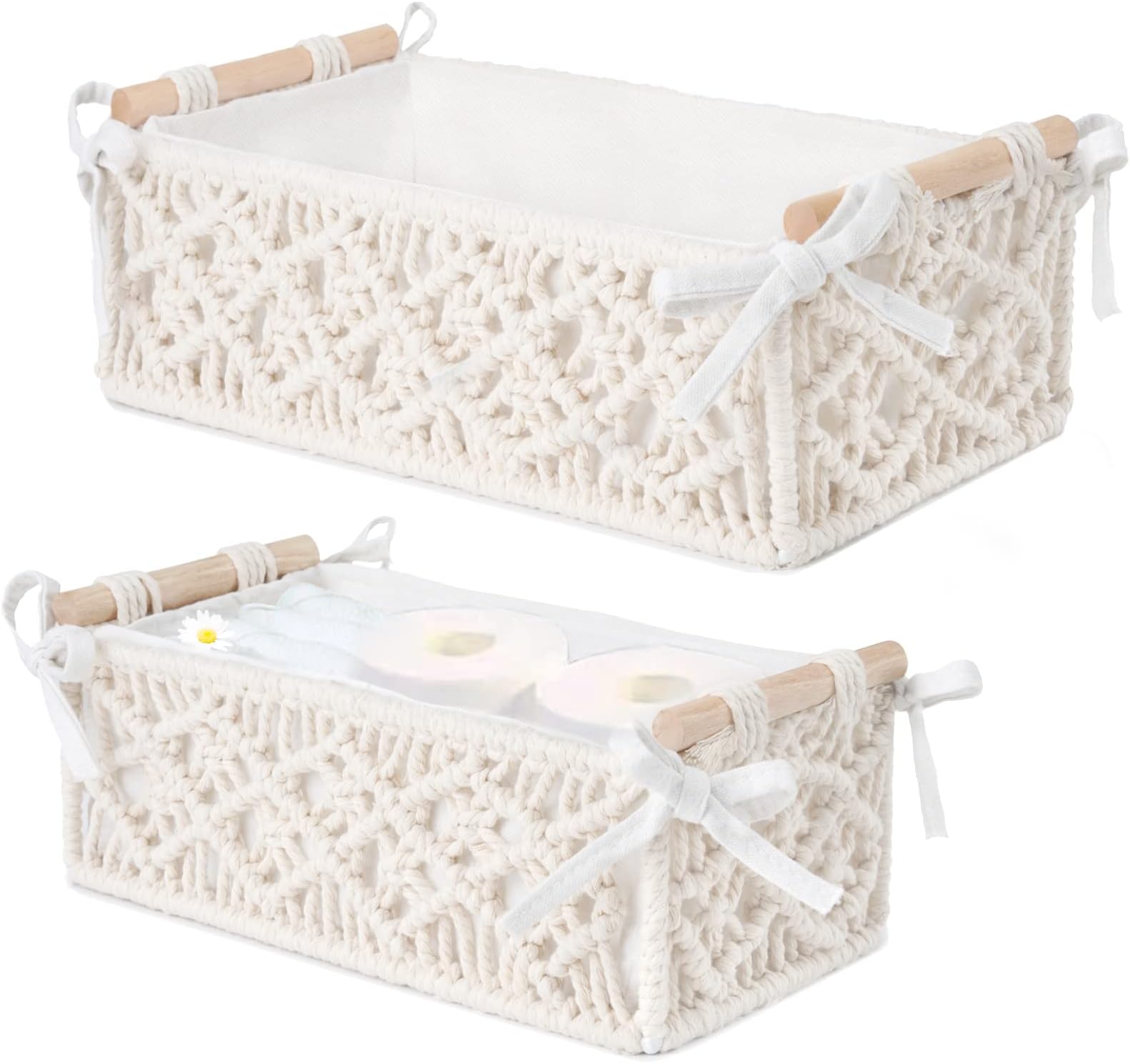 2 PCS Macrame Storage Basket Boho Decor Baskets for Countertop Organizing Woven Decorative Basket for Toilet Paper Basket for Toilet Tank Top Shelf Basket with Handle for Bathroom, Bedroom, Livingroom (White)
