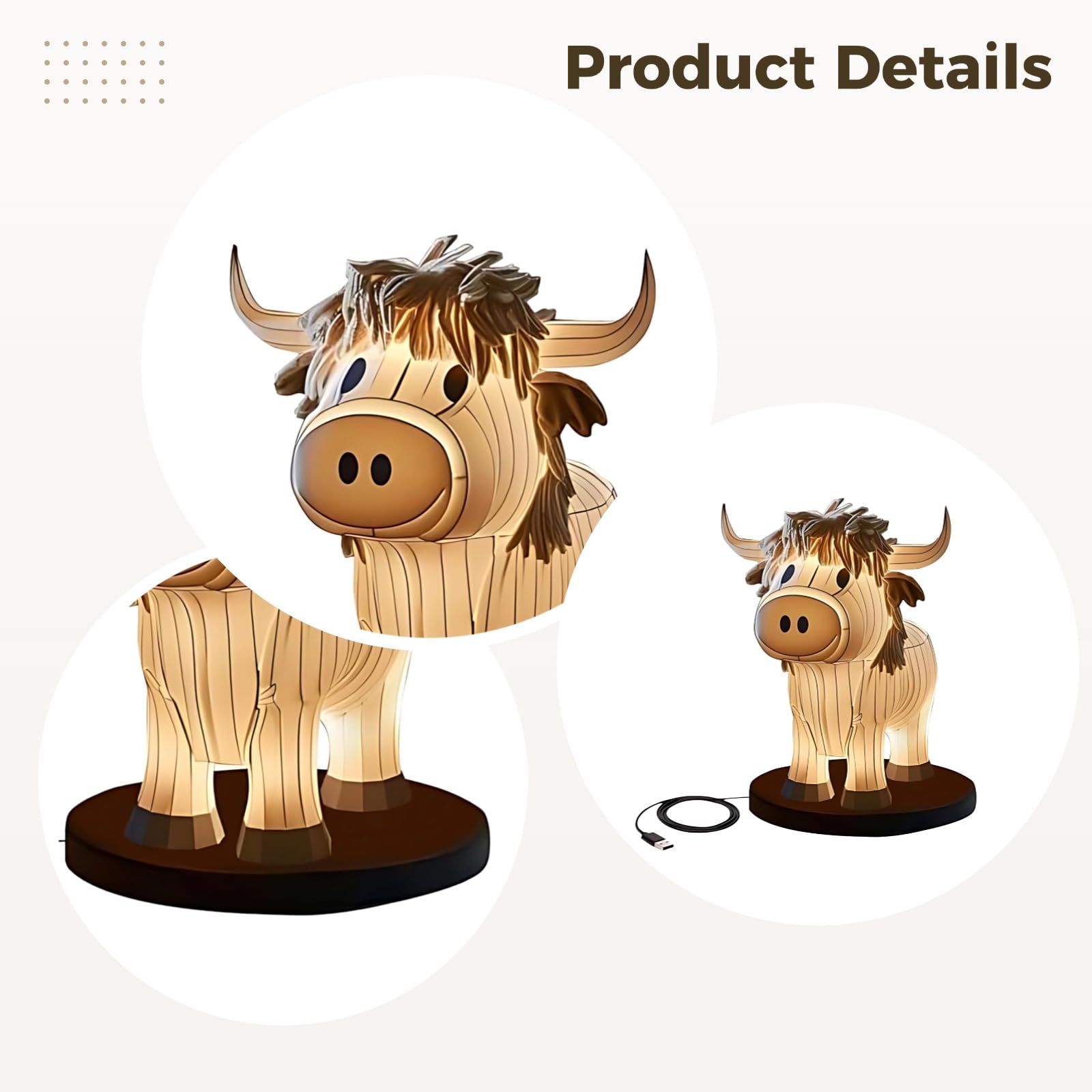 Highland Yak Lampada da tavolo, 6.5 in / 16,5 cm, luce notturna a forma di animale, lampada creativa in resina a forma di mucca, lampada da comodino con luce calda, ricarica USB, accessorio da