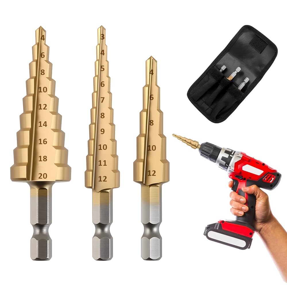 3PCS Step Drill Bit Set Titanium Steel Coated Cone Cutter Drill Bit Set High Speed Hole Cutter Power Tools Hex Shank for Wood Stainless Steel Sheet Metal Diy Plastic(3-12MM, 4-12MM and 4-20MM)