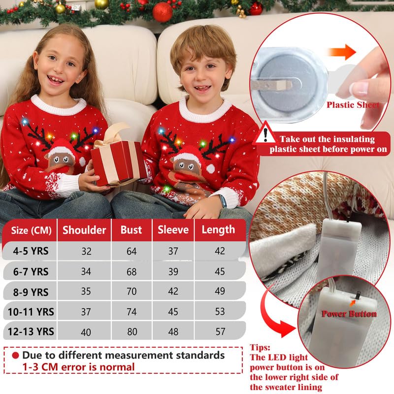 Kouric Jersey Navideño Niño con Luces,Jersey Navidad Niño/Niña con Estampado de Reno en la Nieve,Ugly Christmas Sweater,Jerseys Navideños con Luces,Suéter Navideño Gracioso,Christmas Jumper