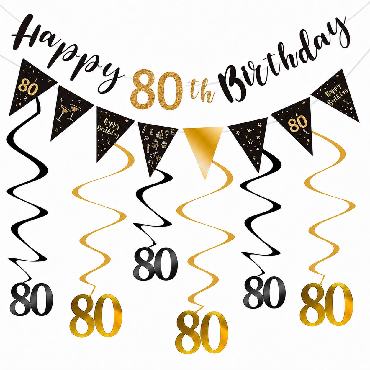 80th Birthday Decorations, Black & Gold Banner, Triangle Flags & Swirls