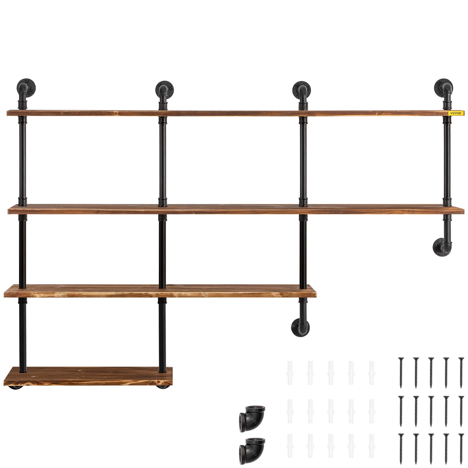 VEVOR Industrial Pipe Shelving, Pipe Shelves with 4-Tier Wood Planks, Rustic Floating Shelves Wall ed, Wall Shelf DIY Bookshelf for Bar Kitchen Bathroom Farmhouse Living Room, 63x50x11 inch