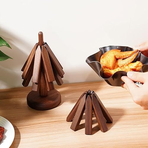 Miniatura 6 de Salvamanteles de madera con forma de árbol, tapete de mesa de madera plegable con 3 o 4 almohadillas resistentes al calor, posavasos de madera para