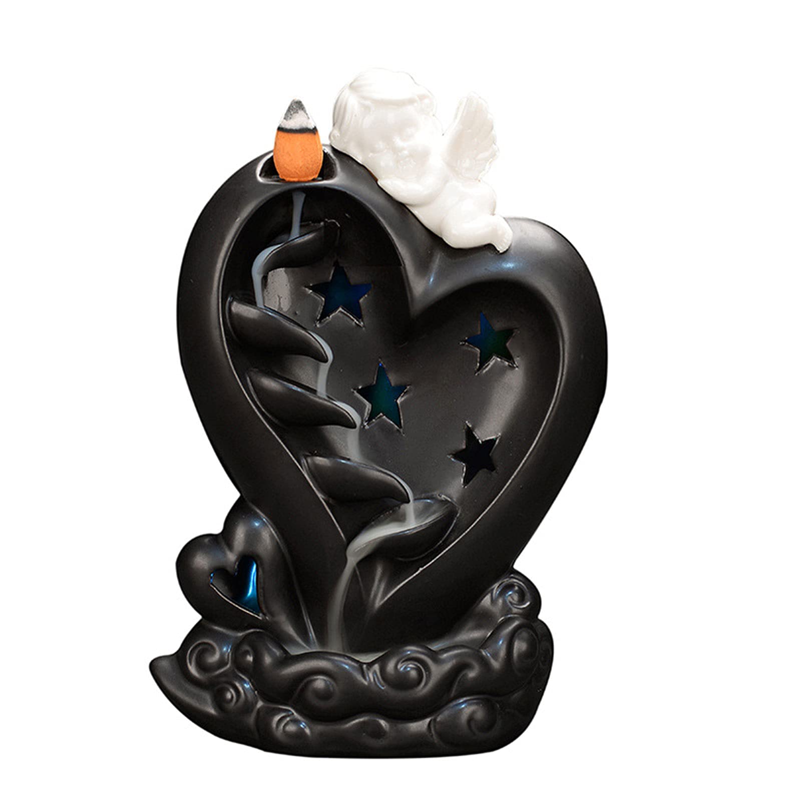 Quemador de incienso de reflujo, incienso de cerámica de ángel con LED, fuente de cascada para conos y palos, aromaterapia, decoración del hogar, regalo de meditación, incienso no incluido