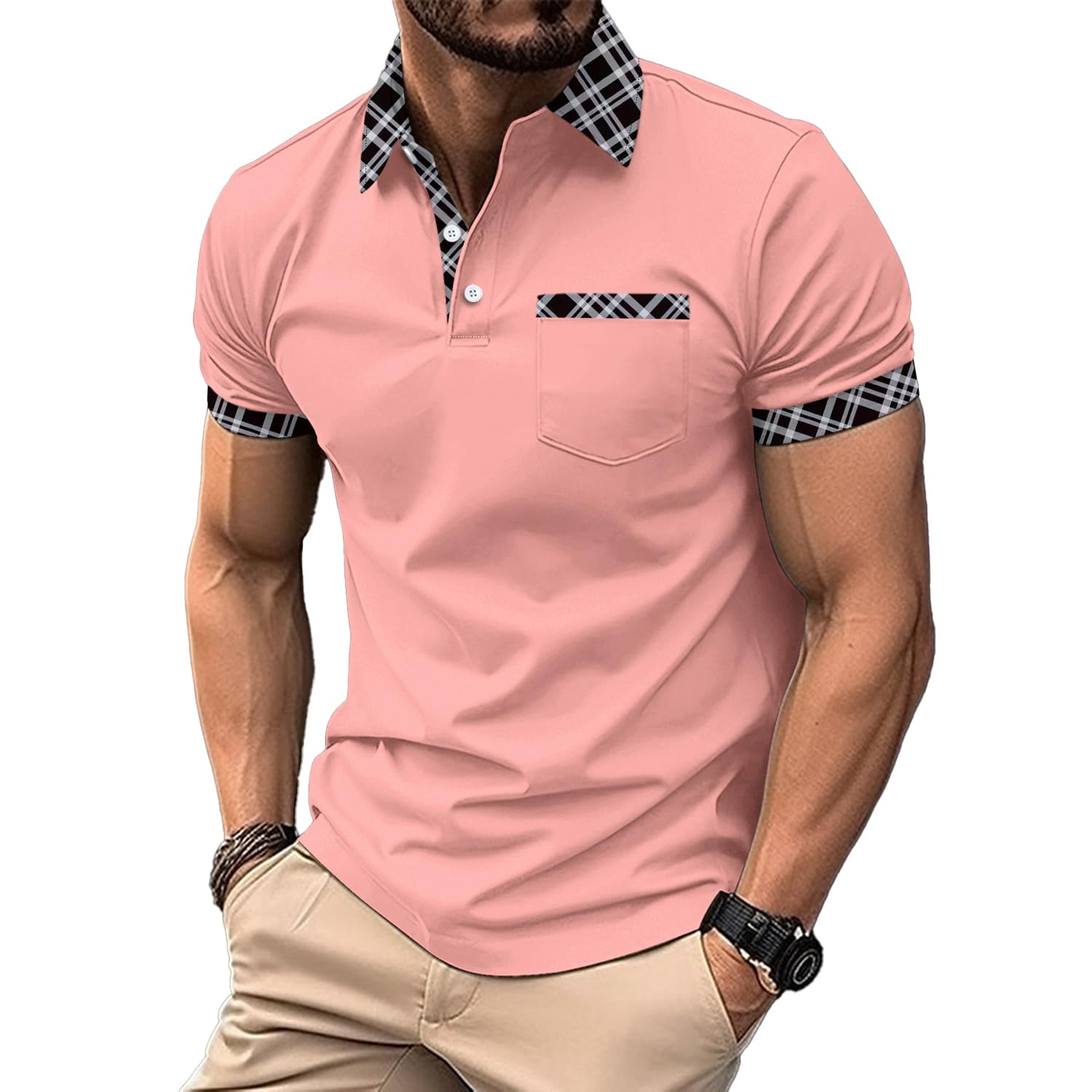 Mens Casual Polo Shirts Short Sleeve Button Golf Slim Fit Shirt with Pocket & Collar Lightweight Spring Summer Stylish Tops