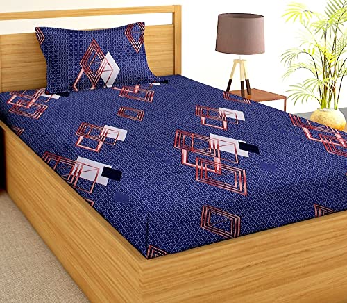 VAS COLLECTIONS 120 GSM Single Bedsheet with 1 Pillow Covers - 180 TC Supersoft Glace Cotton - Breathable & Wrinkle Free - 2 Pcs Set | Brown & Blue