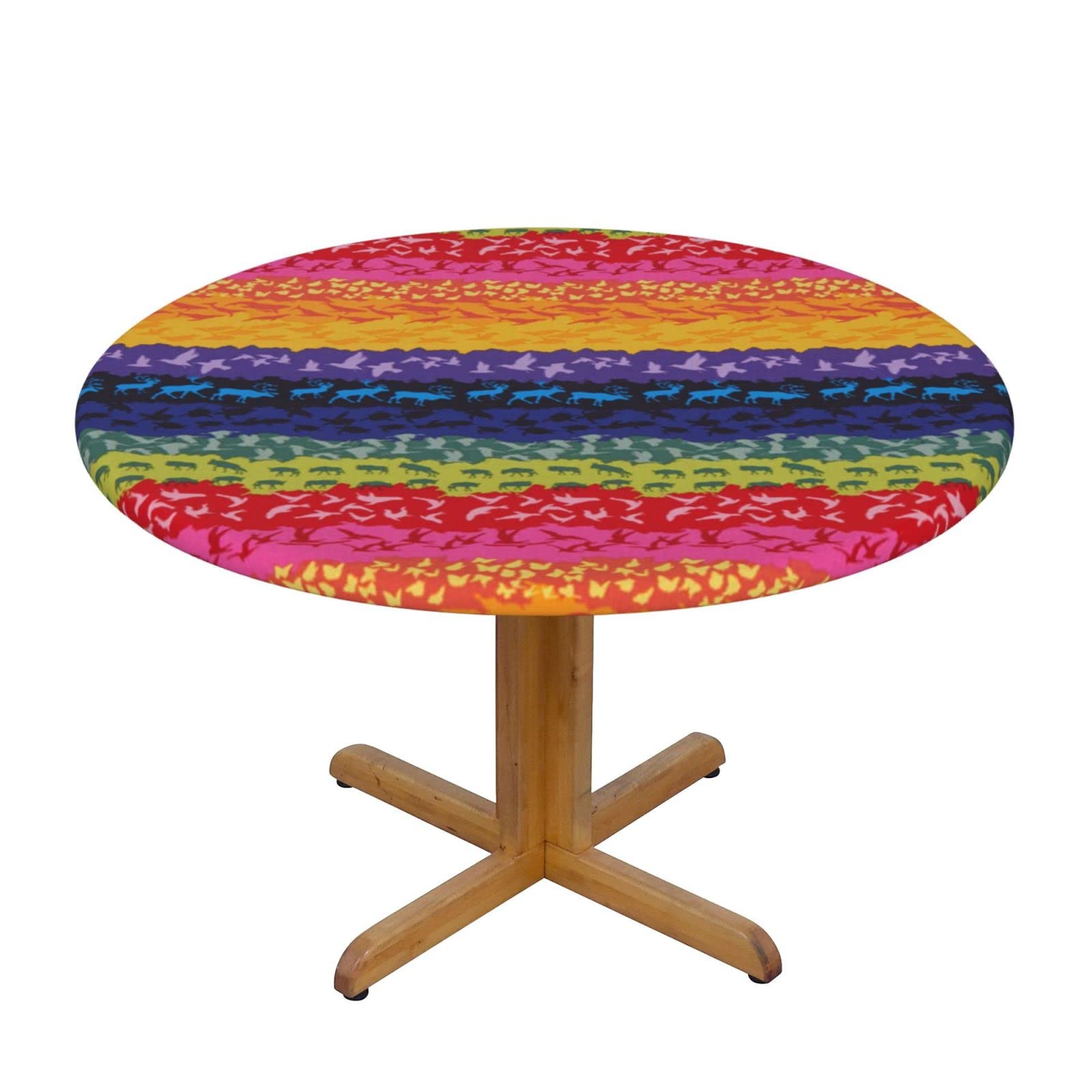 Lsjuee Round Fitted Tablecloth 40-44in Elastic Edged Table Cloth for Kitchen Dining Party Home Decor - Animal Rainbow Stripes