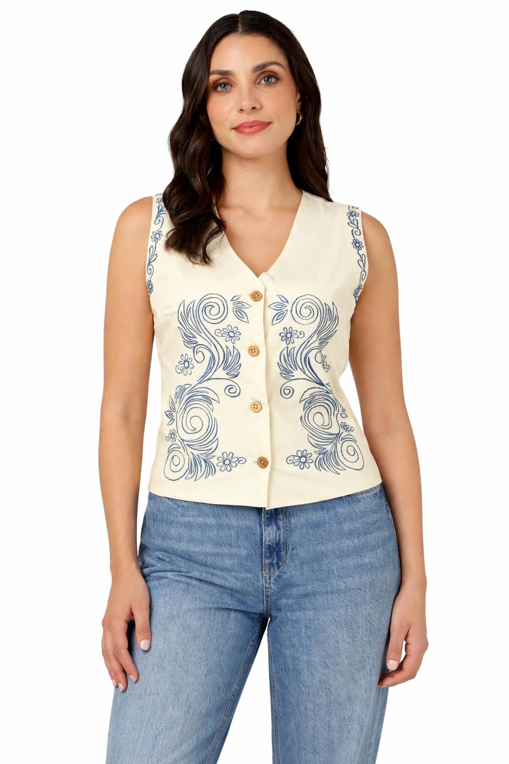 Women’s Ivory Embroidered Vest | Sleeveless V-Neck Button Down Top | Casual Cotton Blend Vest for Women-image-17