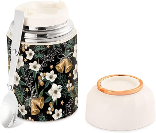 Evergreen Christmas Bells Flower Food Jar with Spoon Stainless Steel Vacuum Insulated Food Container 17 oz Food Thermos for Hot Food