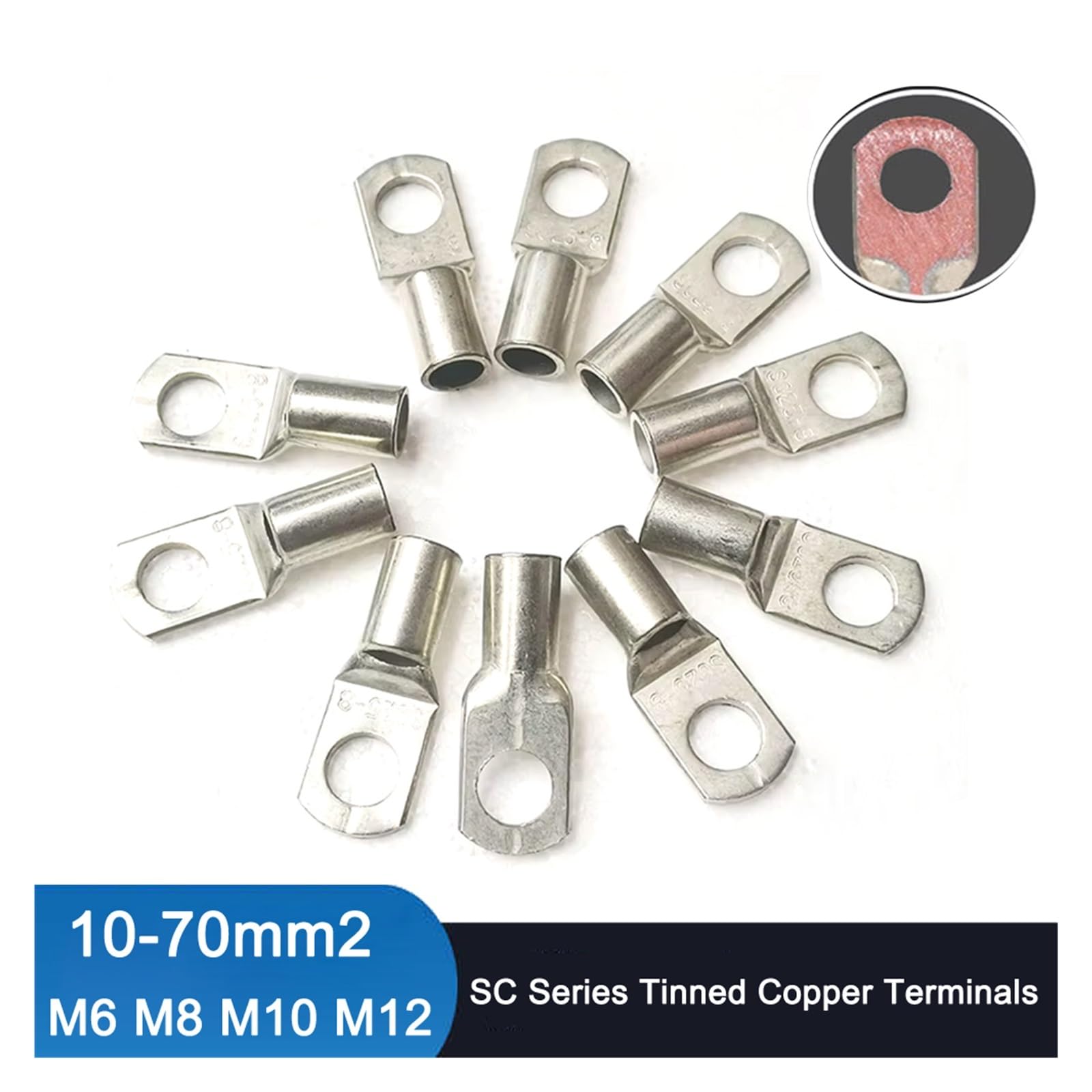 20 Stück Bolzenloch verzinnte Kupferösen verriegeln Klemmen 10/16/25/35/50/70 m㎡ Kabel Crimp Drahtverbinder SC10-6/8 SC16-6/8/10(SC50-6)