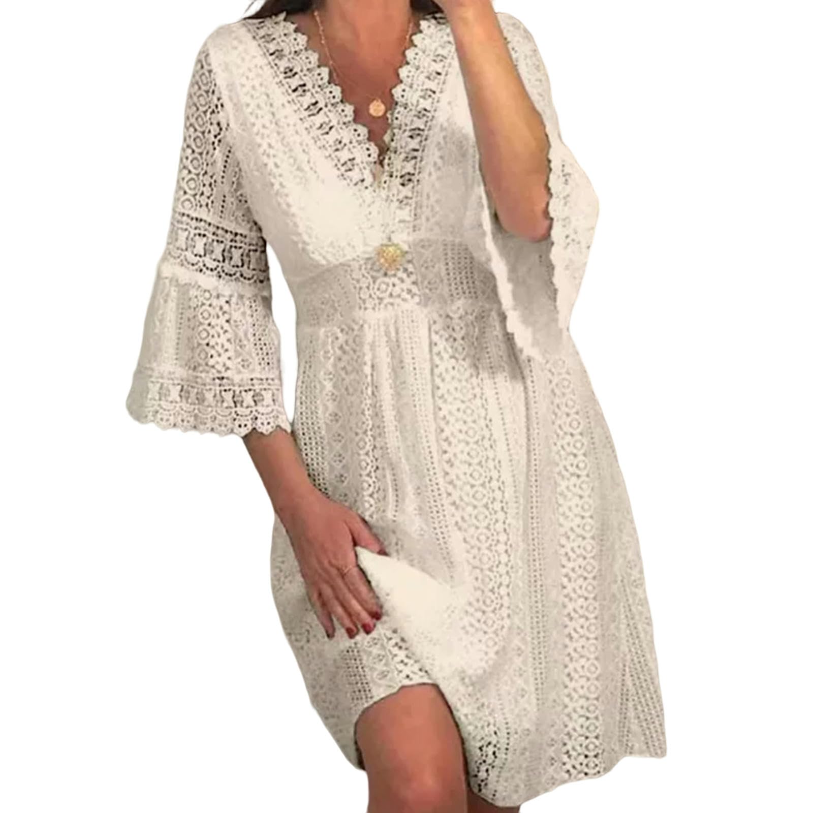 TEidea Vestido para Mujer Vestido De Encaje Blanco para Mujeres para Fiestas En La Playa De Moda con Mangas Acampanadas Y Detalles Huecos