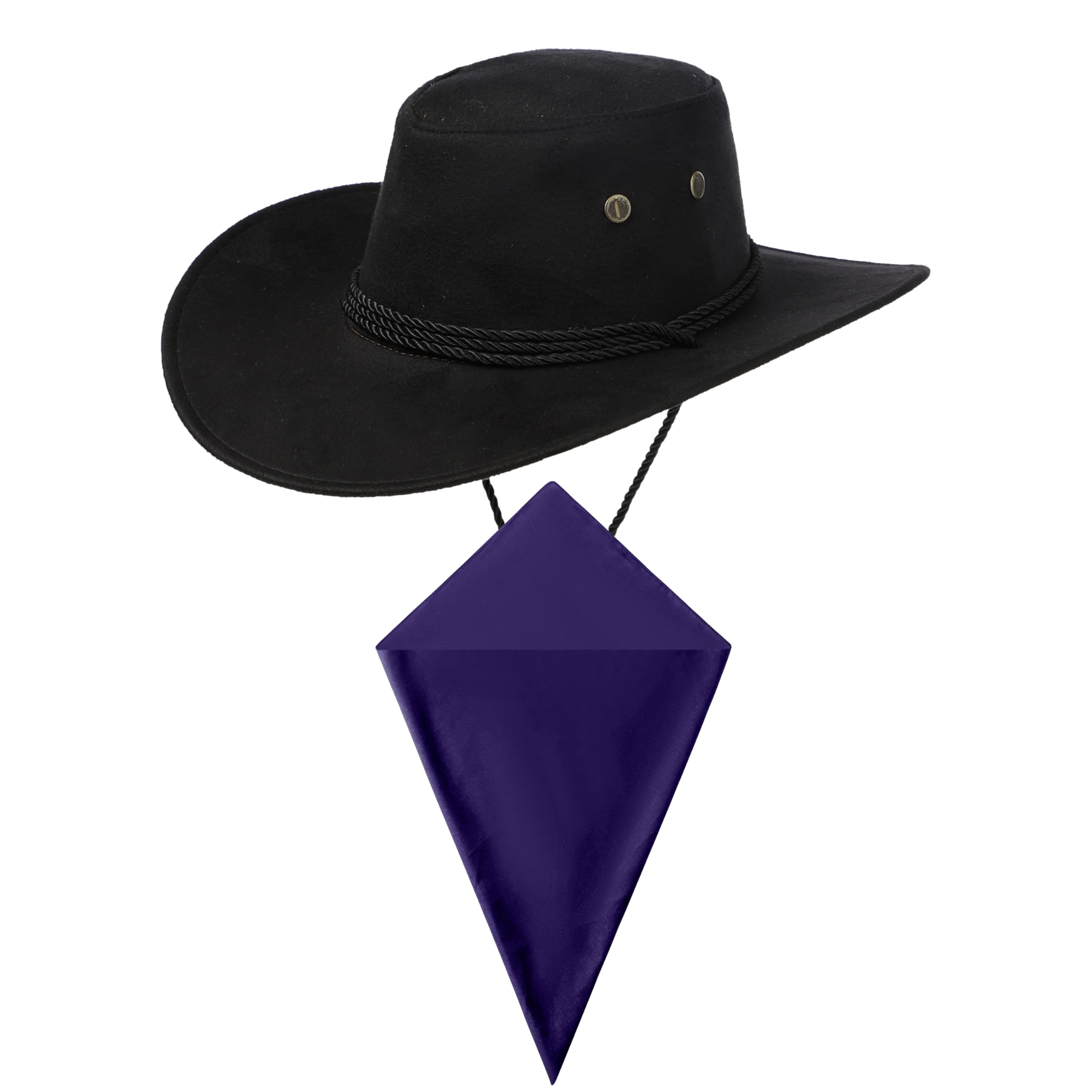 Black Cowboy Hat and Plain Navy Blue Bandana Western Sun Cap Faux Felt Leather Suede Fancy Dress Party Costume Outfit Neckscarf Sun Protection Mens Womens