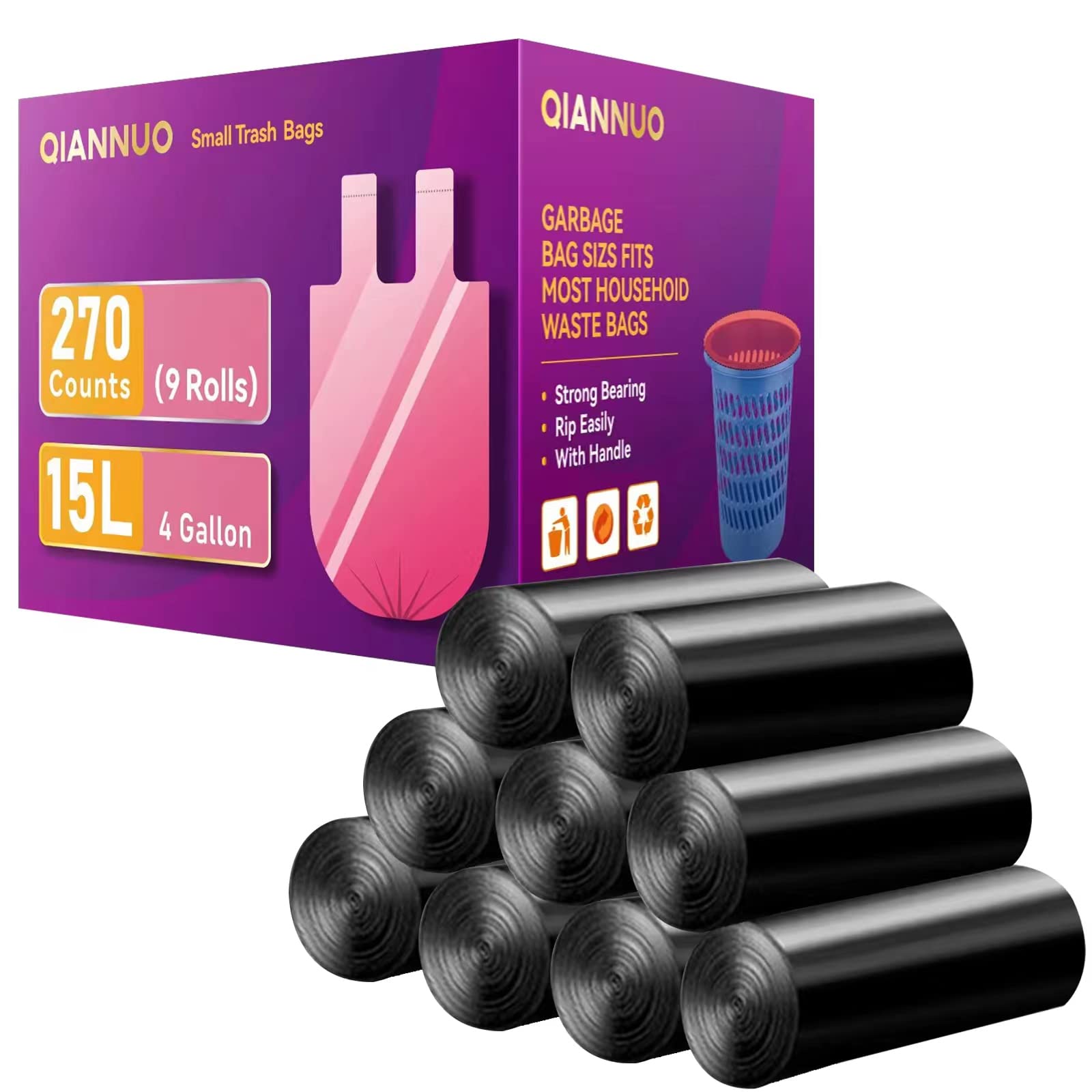 4 Gallon Trash Bags 270 Counts Handle Garbage Bags Trash Can liners Bathroom, Bedroom, Office, Car, Home Waste Bin Bag