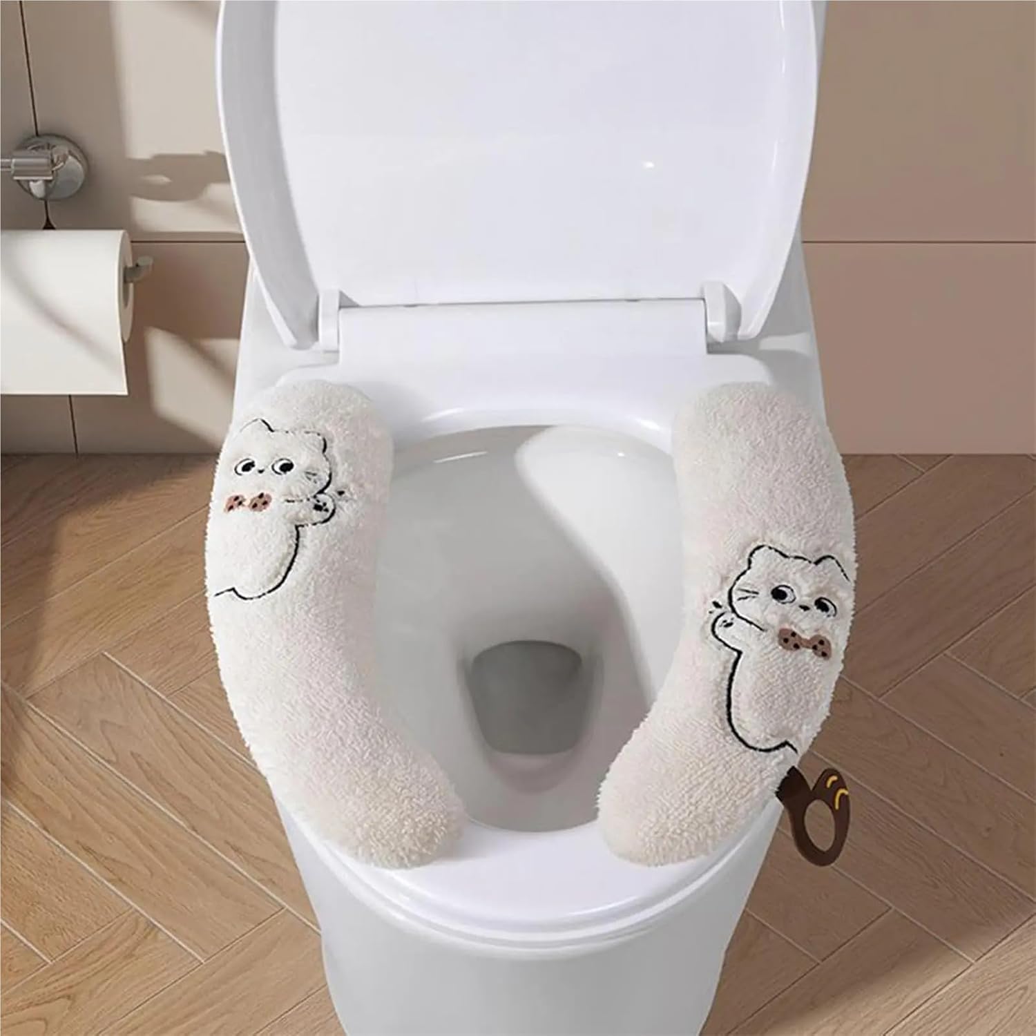 Toilet Seat Covers For Bathroom 1-Pair Soft Warm Washable Adhesive Winter Cover With Handle(White-1)