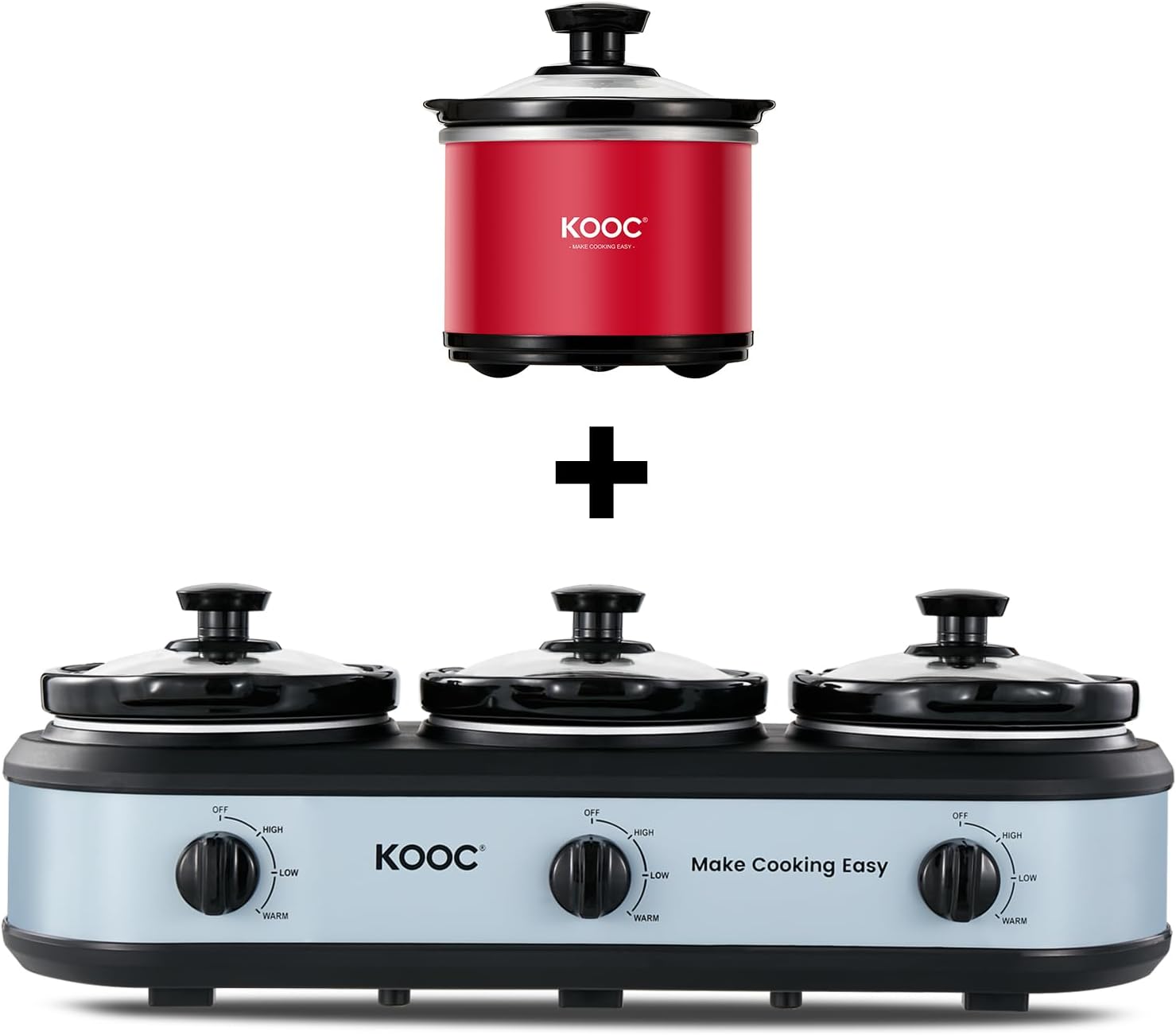 KOOC Small Slow Cooker, 0.65 Quart, Sauces, Stews & Dips, Stainless Steel, Red, Round + Triple Slow Cooker Buffet Server 3x1.5 Quart Individual Temp Control With Lid Rests & Spoons Blue Grey