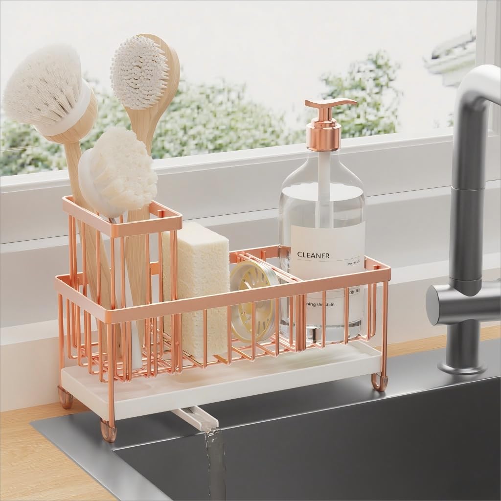 Cisily Sponge Holder for Kitchen Sink, Sink Caddy Organizer with High Brush Holder, Kitchen Countertop Organizers and Storage Essentials, Rustproof 304 Stainless Steel (Rose Gold, 9.25″) Rose Gold - 9.25″