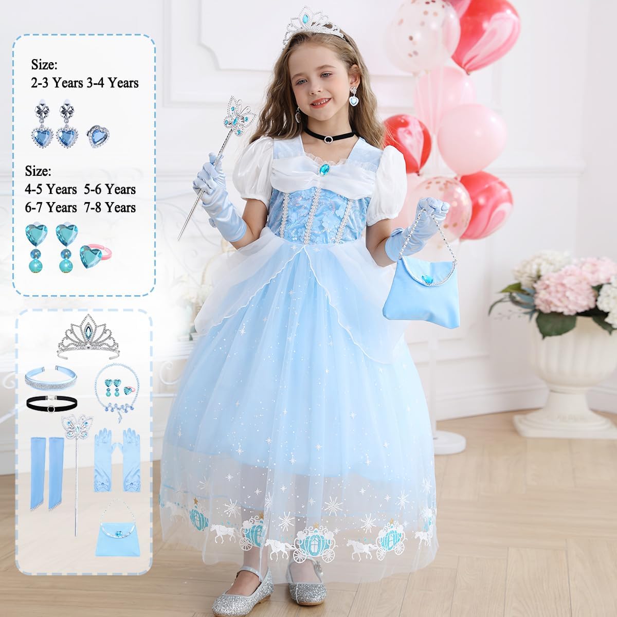Cinderella Costume for Girls Blue Princess Dress for Kids with Puffy Sleeves Halloween Birthday Party Outfit - Image 4