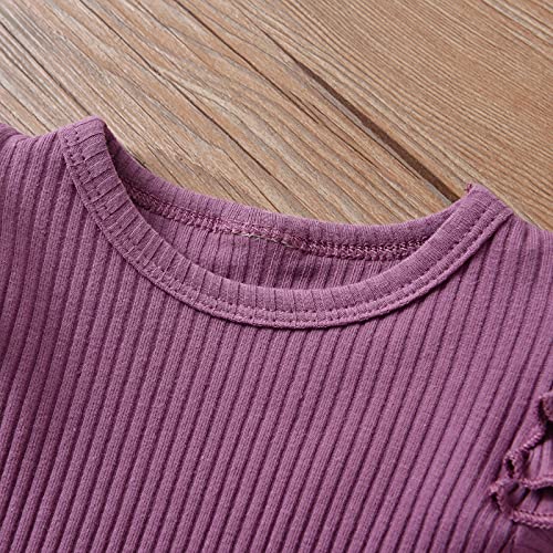 Kulcerry Newborn Infant Baby Girl Clothes Solid Color Ribbed Long Sleeve Romper Pants Headband Outfits Set2