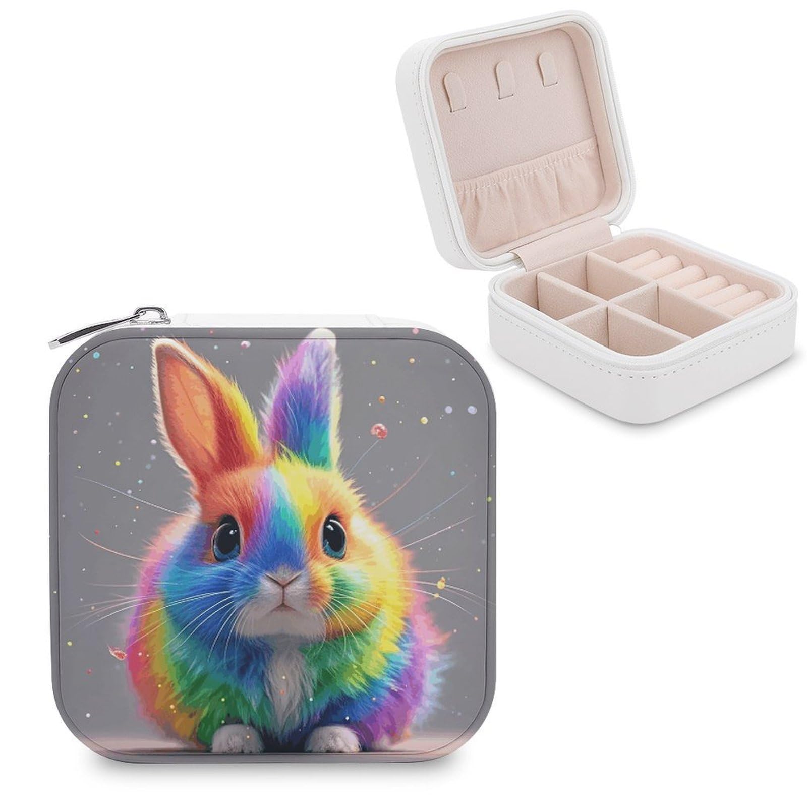 VstaDank Rainbow Rabbit Jewelry Box for Women Jewelry Organizer Storage Case with Zipper Mini Travel Jewelry Case Cute Trinket Organizer Leather Portable Jewelry Storage Box