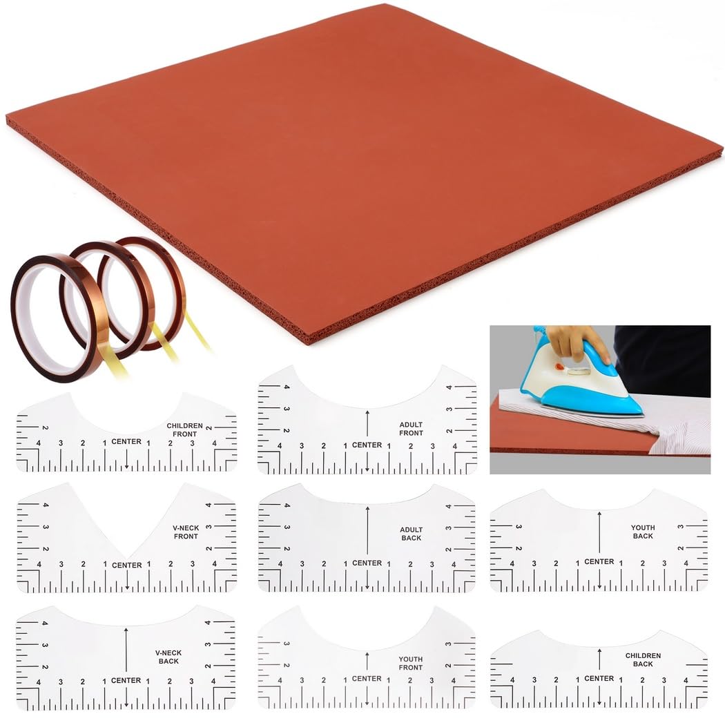 Support en Silicone pour Presse à Chaud 15 x 15 Pouces, avec 8 règles pour t-Shirts et 3 Rubans thermorésistants, épaisseur Max 0,3 po, Tapis de Remplacement Plat pour Transfert Thermique