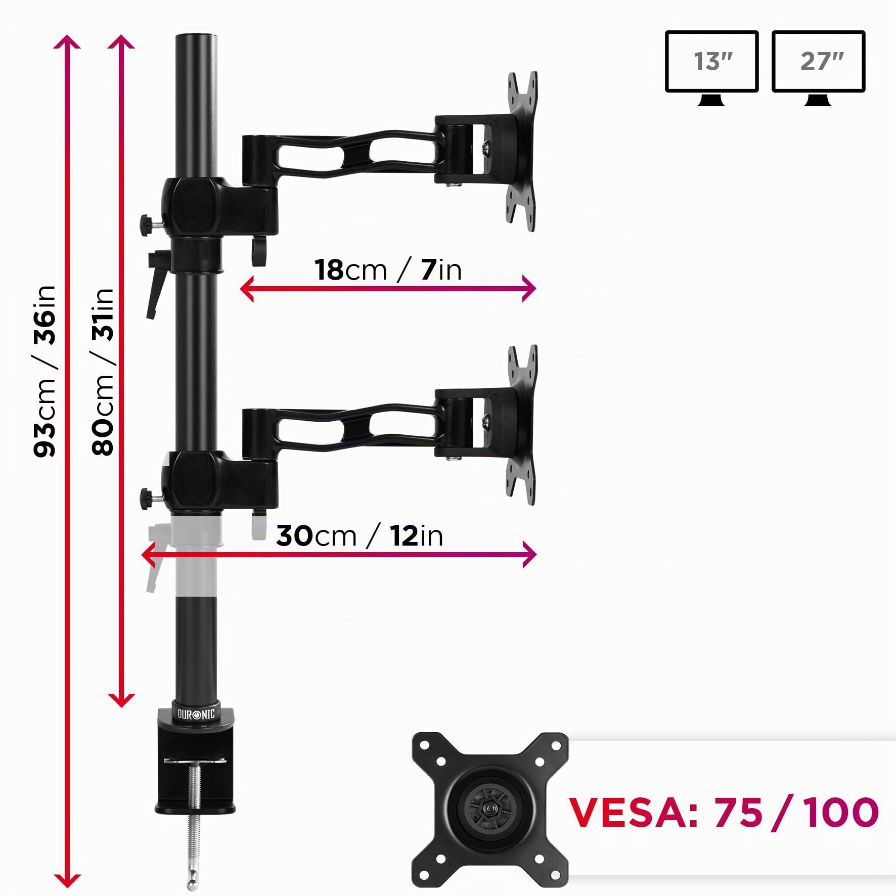 Duronic DM35V2X2 Bras pour 2 moniteurs d’Ordinateur avec Extension | Support Vertical Double d’écran PC articulé Ergonomique de Bureau | VESA 75 100 | Hauteur Ajustable | Rotatif Inclinable Pivotant